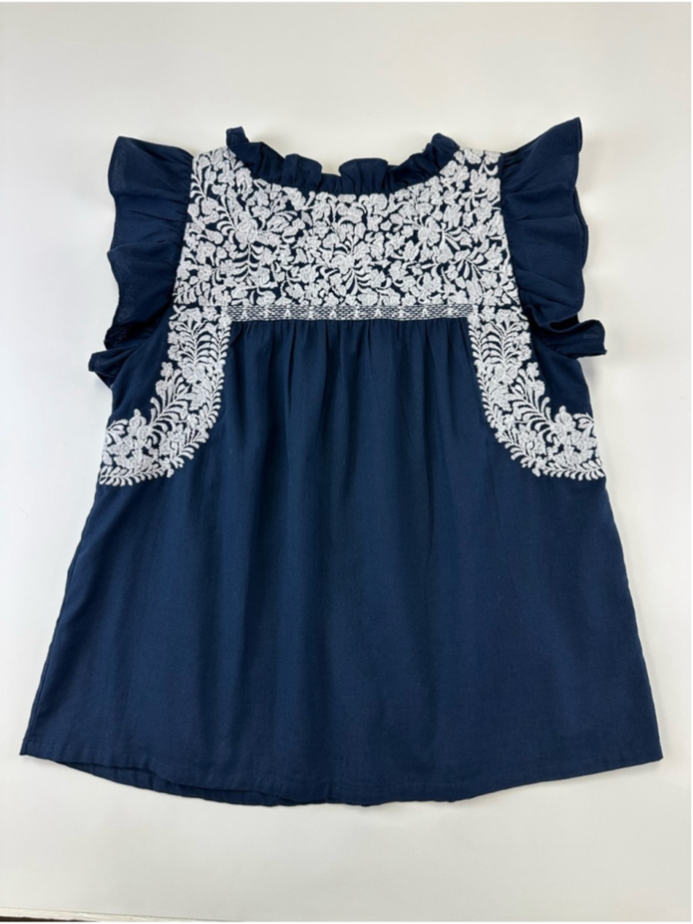 J.Marie Embroidered Navy Cotton Top White Boho Medium Feminine Romantic